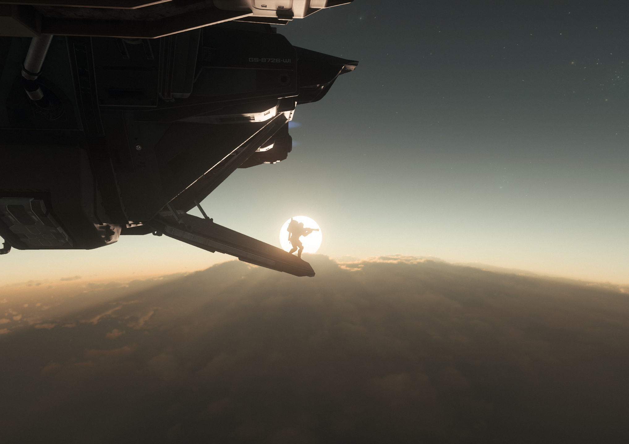 Soldat Disorder sautant d'un vaisseau au lever du soleil dans Star Citizen