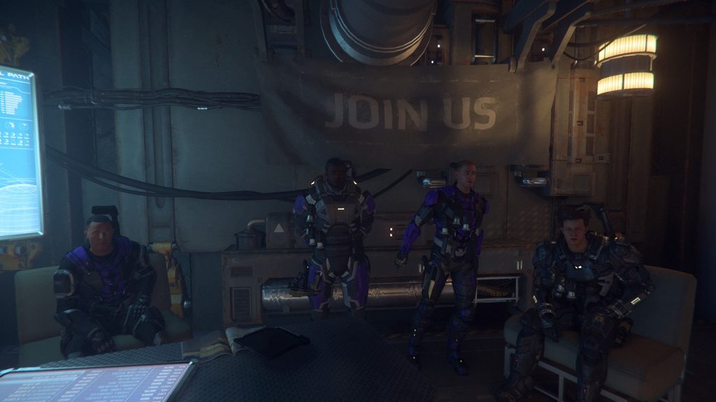 Escouade Disorder dans le QG avec bannière JOIN US — Recrutement clan pirate Star Citizen