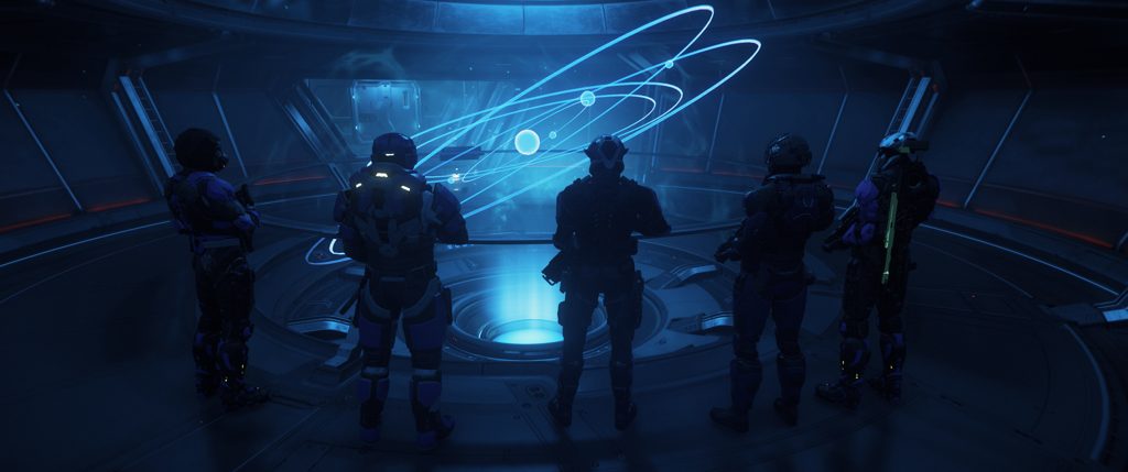 Escouade Disorder devant un hologramme planétaire — Opérations spatiales Star Citizen